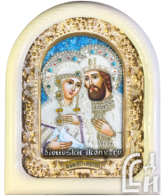 Дивеевская икона Святых Благоверных Пётра и Февронии с голубем в белом киоте